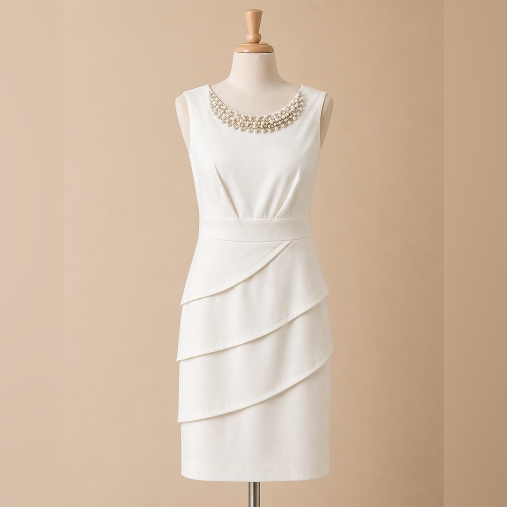 Connected Apparel Ivory Pearl Neck Sheath Dress| Elegant Layered Cocktail Dress